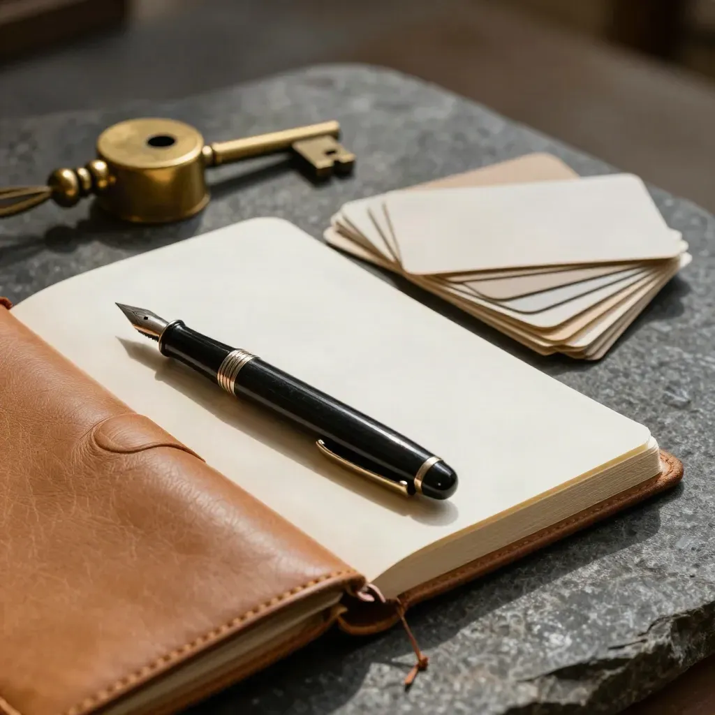 Leather notebook, fountain pen, brass paperweight and sample cards on dark stone.
