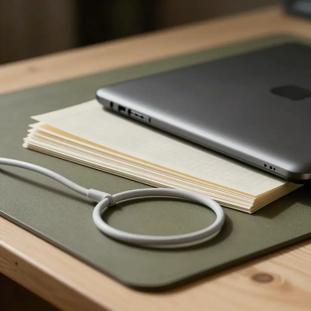 Designer tools on a bench: stylus, closed laptop edge, grid sheets and cable coil.