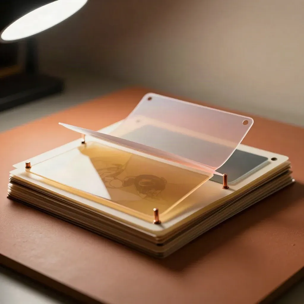Flipbook stack, acetate overlays, copper pegs and colour gels on a frosted animation light table.