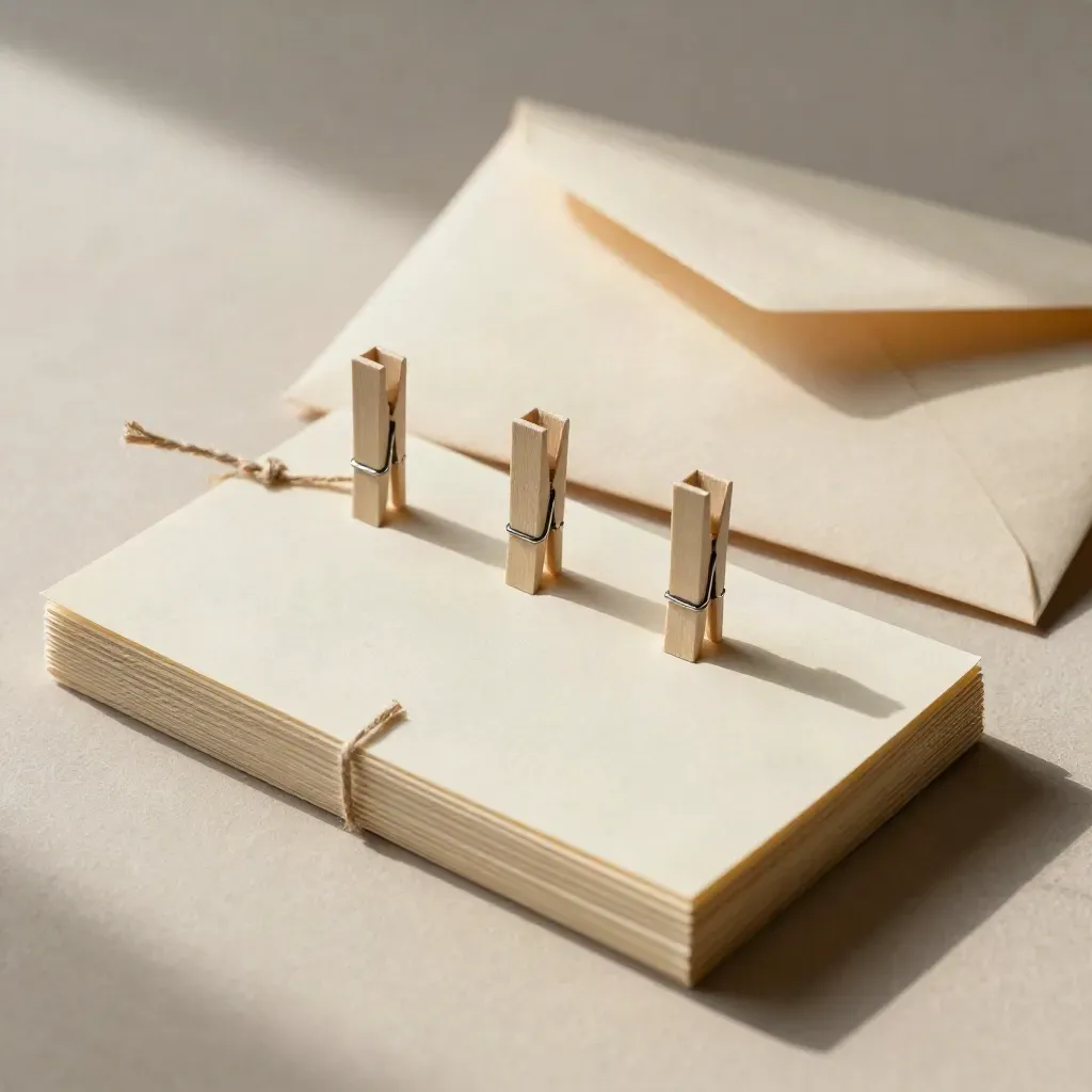 Cream index cards, string-tied envelope and timeline pegs on a parchment plaster sweep.
