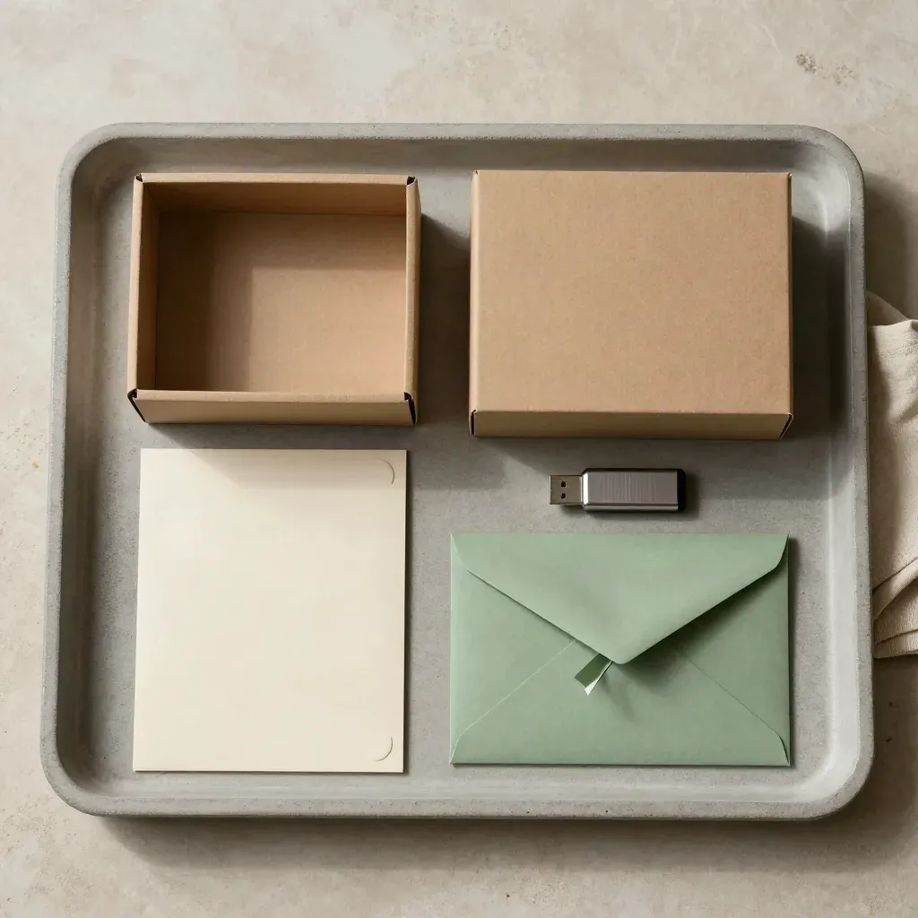 Top-down tray still life of files, USB drive and envelope ready for handoff.