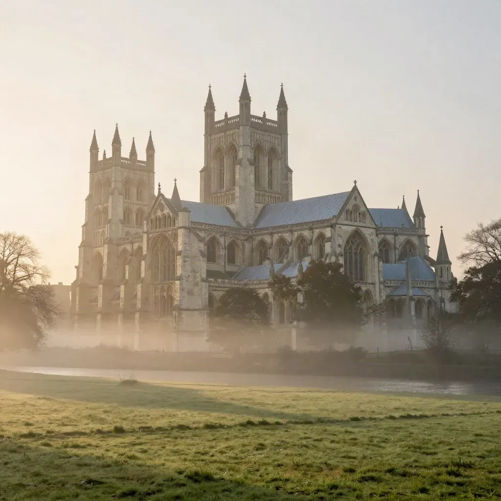Canterbury Cathedral above dawn mist and pale river flats, with calm open foreground for copy.