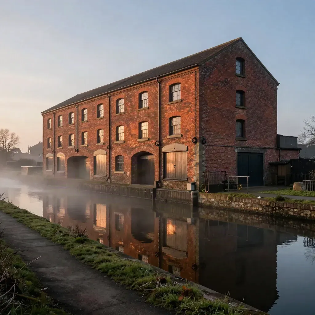 Red-brick canal bridge and warehouse in the Midlands at golden hour above still water.