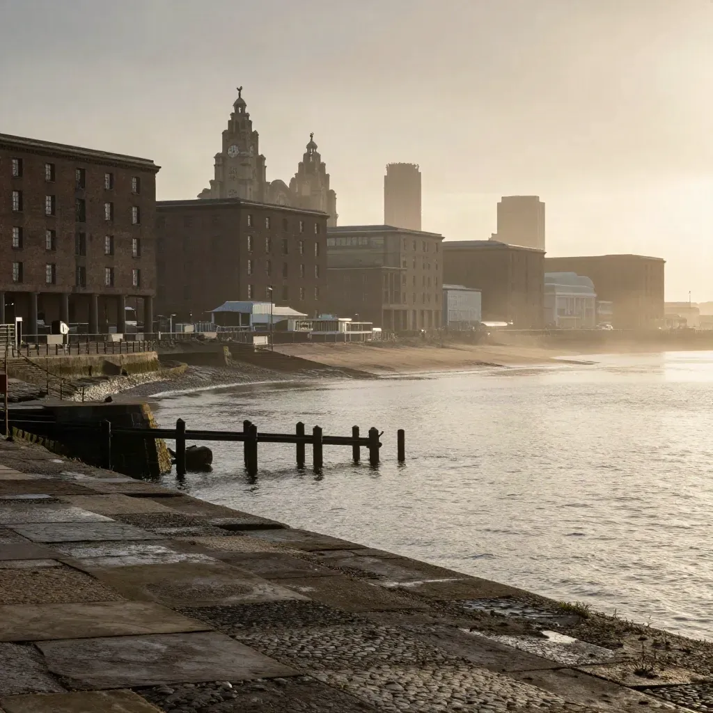 Liverpool waterfront in sunrise haze with dock buildings and wet stone quay.