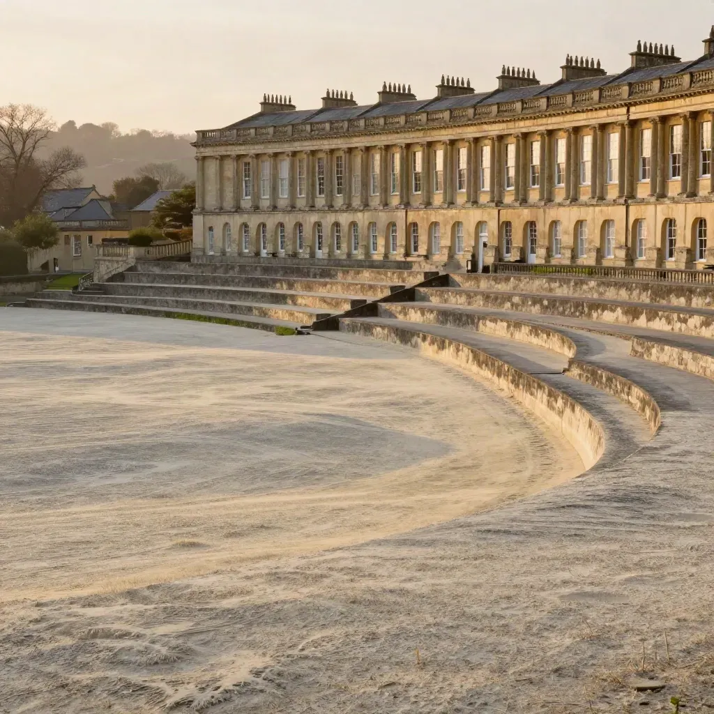 Bath limestone terraces above a hazy valley with soft rolling ground and evening light.