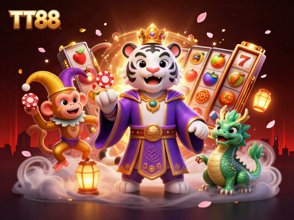 Engage with TT88’s dynamic casino illustration featuring a whimsical white tiger and vibrant slot reels.