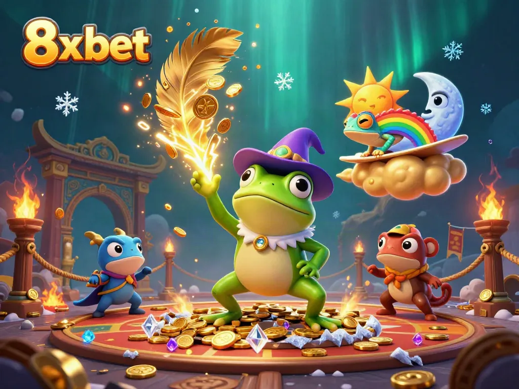 Win big with 8x bet as a wizard frog conjures golden coins in a dynamic casino scene.