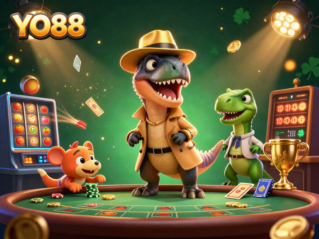 Engaging YO88 casino scene with a velociraptor card counter and a stegosaurus pit boss, surrounded by dynamic gaming elements.