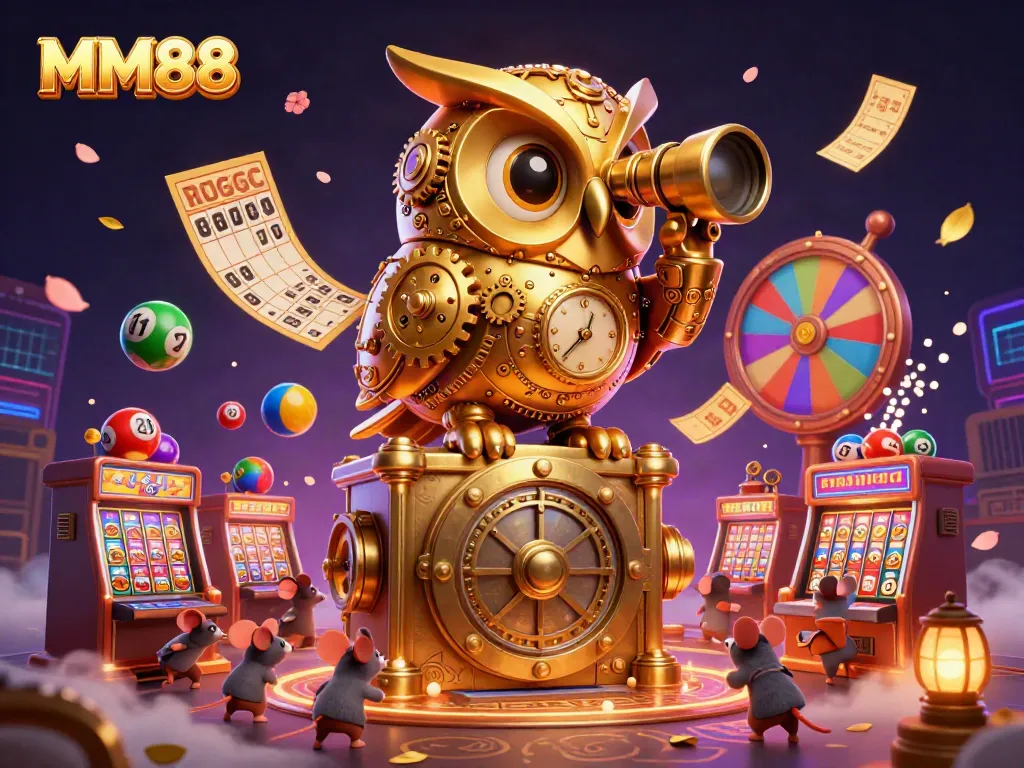 Engage with thrilling gameplay at MM88, featuring a whimsical casino scene with a golden owl and charming characters.