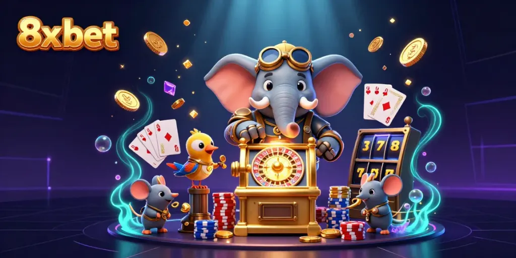 Experience the thrill of 8x bet with a steampunk elephant at a golden slot machine, surrounded by vibrant gaming elements.