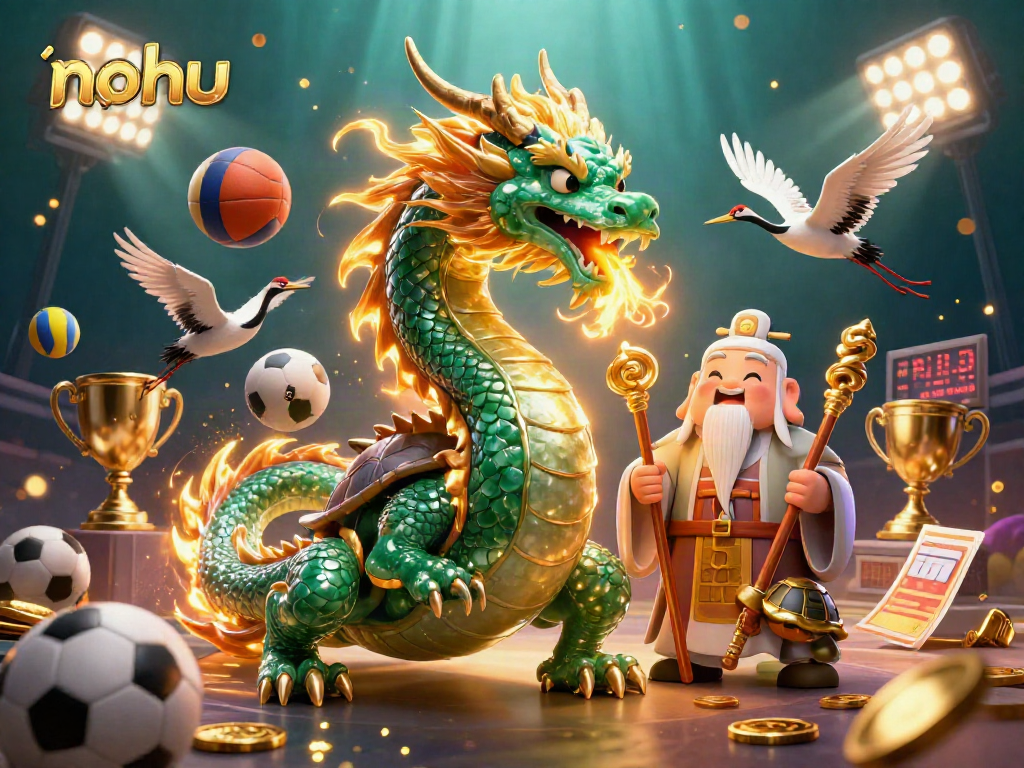 Engaging nohu casino scene with emerald dragon, turtle sage, and lucky cranes amidst dynamic sports elements.