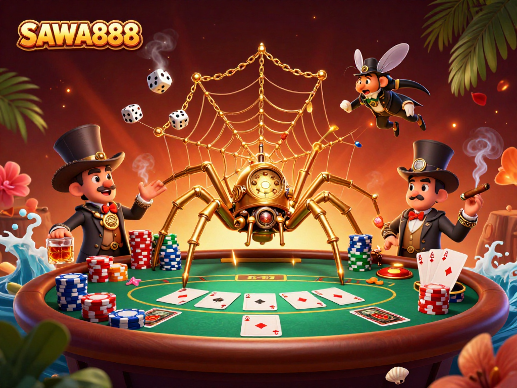 Engage with SAWA888's exciting casino adventure featuring a golden spider and poker elements.