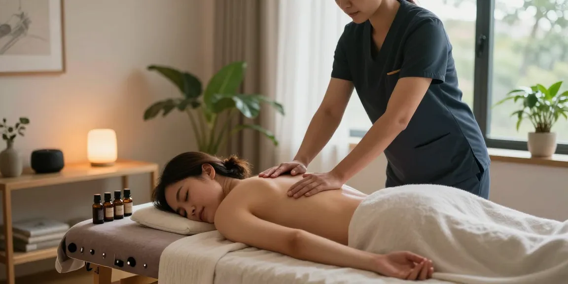 청라출장안마 - Professional therapist providing relaxing massage therapy in serene home environment with essential oils and calming decor.