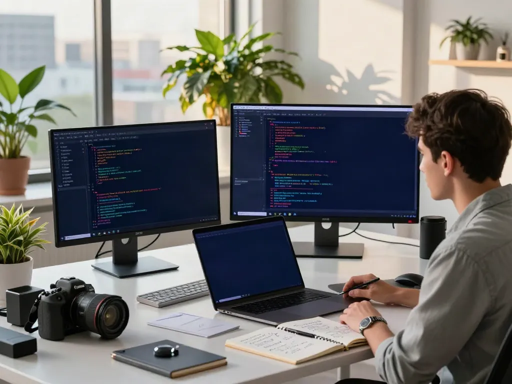 Data analyst using instant indexing tools on multiple screens in a modern tech workspace