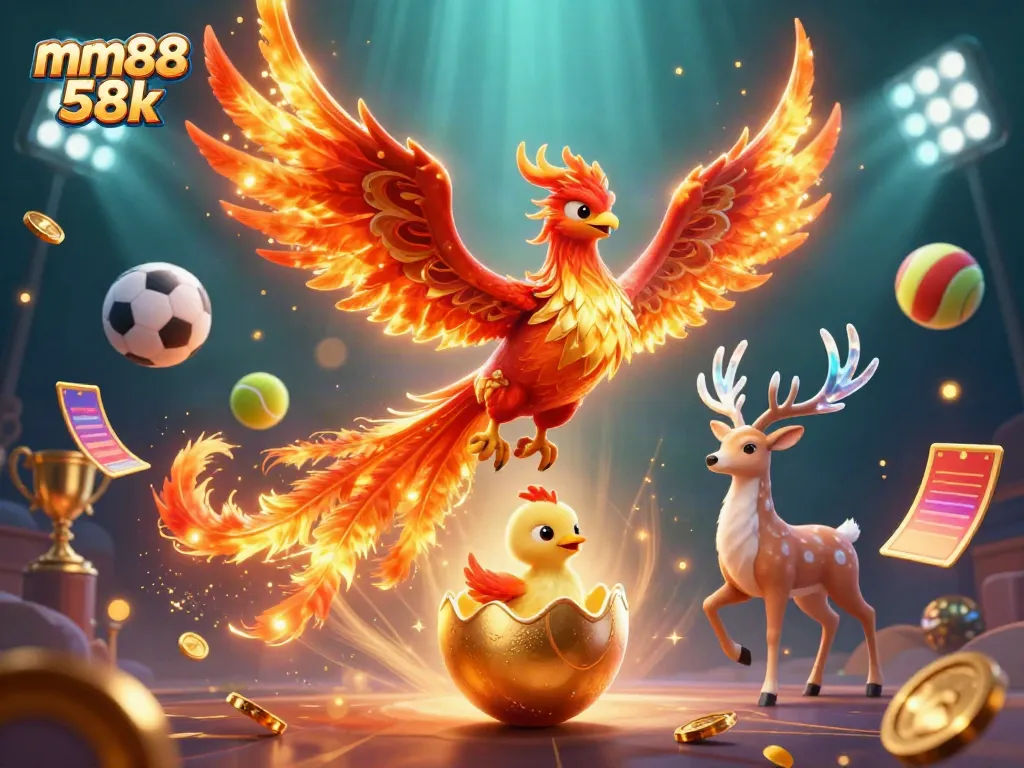 Experience thrilling gameplay with mm88 58k in this vibrant casino illustration featuring dynamic sports elements.