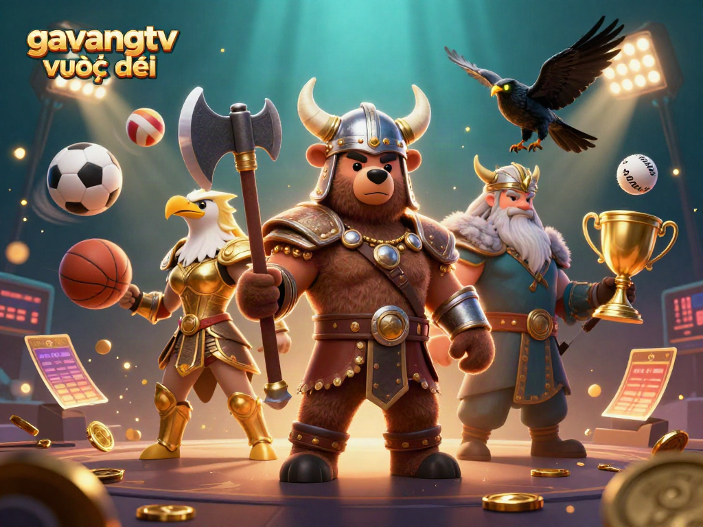 Experience thrilling action with gavangtv trực tiếp as dynamic sports elements swirl around Viking and eagle characters.