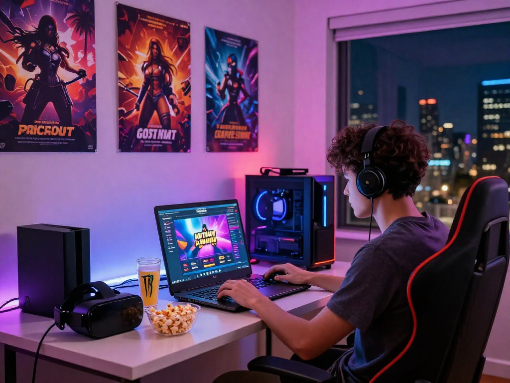 Playing HTML5 porn games in a vibrant gaming setup with neon lights.