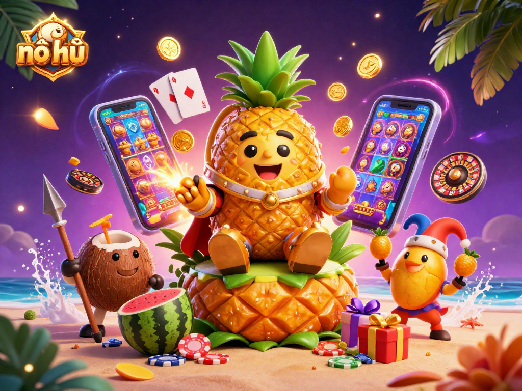 Spin the reels of nổ hũ with a vibrant 3D illustration featuring a pineapple king, casino elements, and joyful characters.