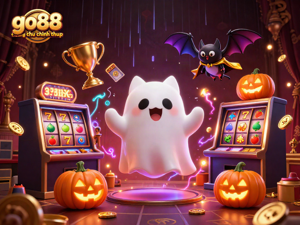 Engage with the go88 trang chu chinh thuc experience in a vibrant casino scene featuring a friendly ghost cat and vampiric bat.