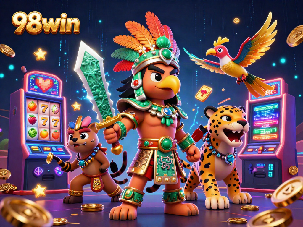 Bet big with 98win's engaging slot machines featuring vibrant characters and dynamic 3D casino elements.