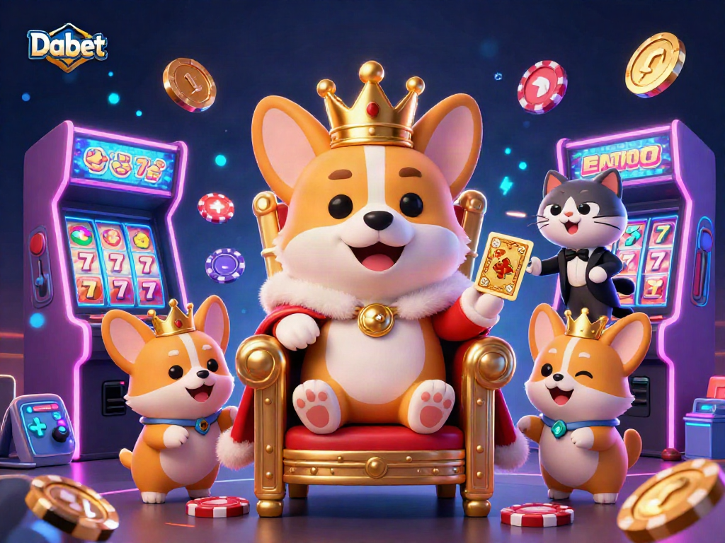 Dabet's bright and engaging 3D casino illustration showcases a royal corgi and cat butler amidst vibrant slot elements.