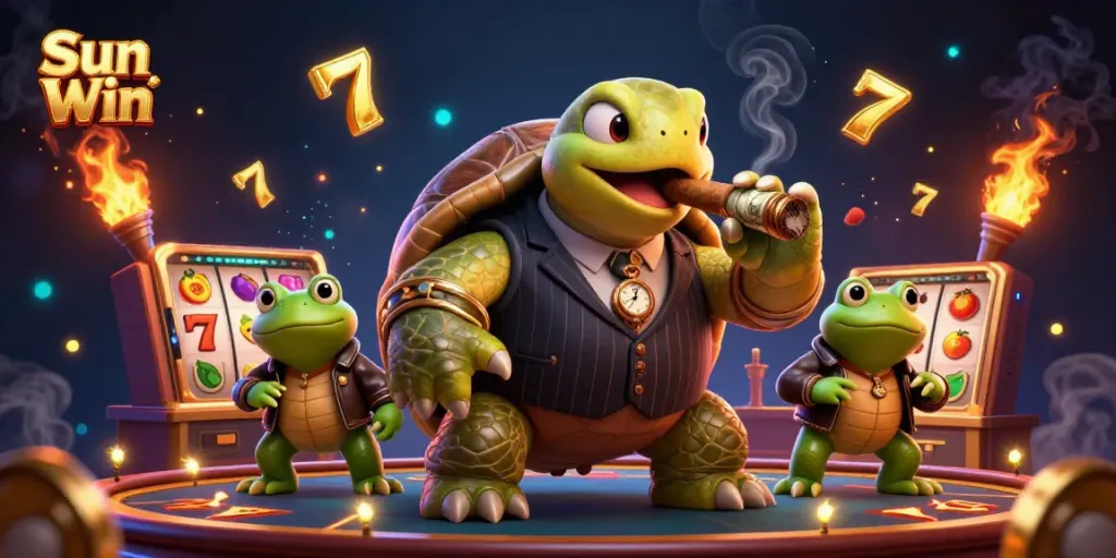 Experience the thrilling casino dynamics with Sun Win in a vibrant 3D cartoon illustration.