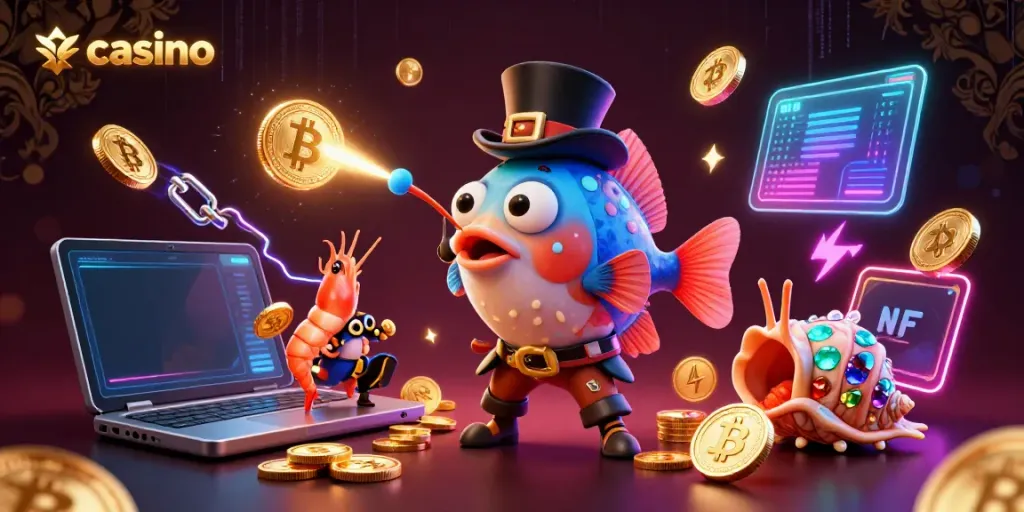 Engage with vibrant casino gaming elements in an underwater scene featuring characters like anglerfish, shrimp, and sea snail.