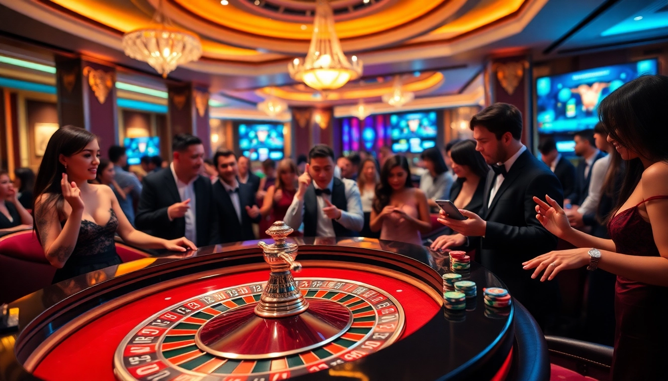 The excitement of online gambling at https://fun88.supply/ with a vibrant roulette table and enthusiastic players.