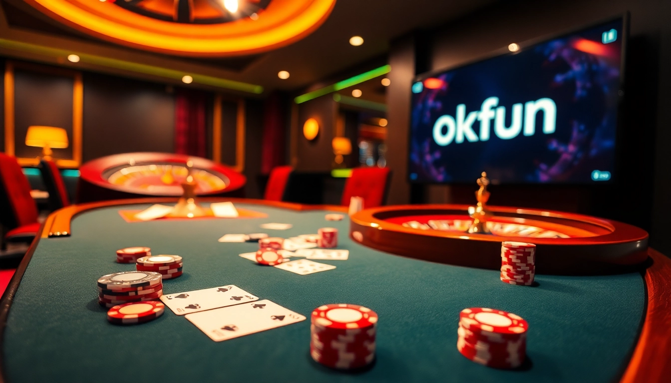 Gambling excitement with okfun at a modern casino table featuring cards and chips.