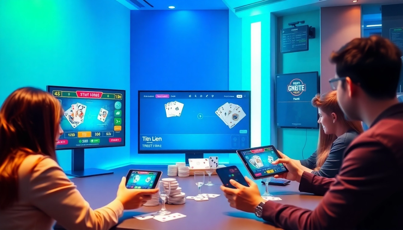 Engaging scene featuring players enjoying online card games at topgamebaidoithuong.mx, showcasing vibrant interfaces and devices.