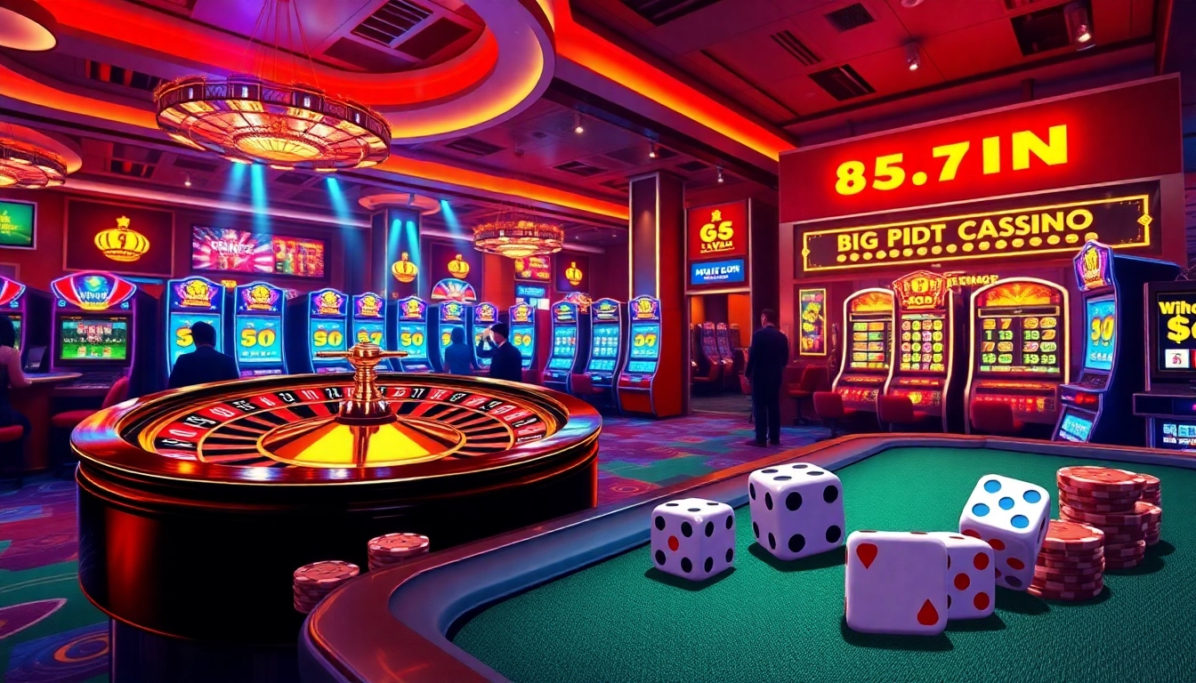 Experience the excitement of rikvip.gb.net with a luxurious online casino scene featuring roulette wheels and slot machines.