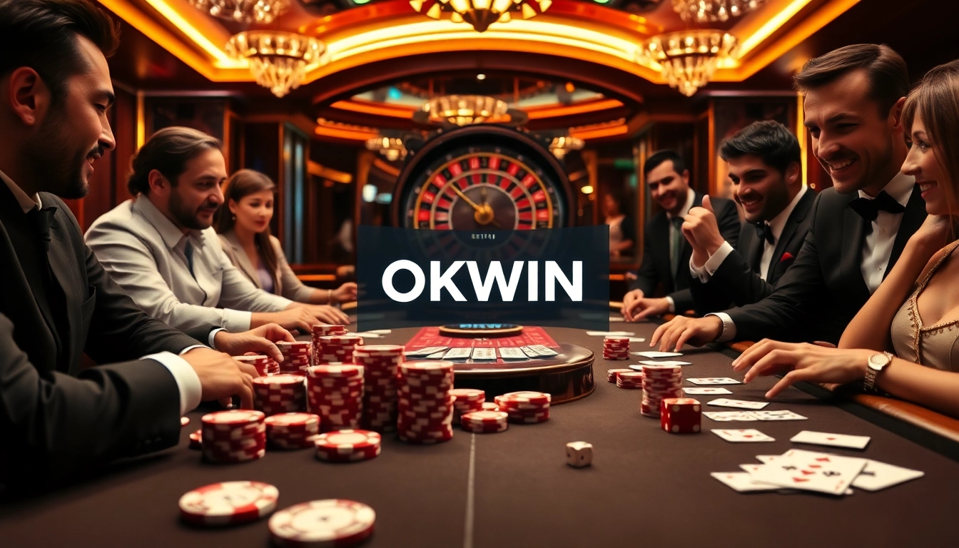 Exciting poker action at OKWIN casino with colorful chips and cards in a luxurious setting.