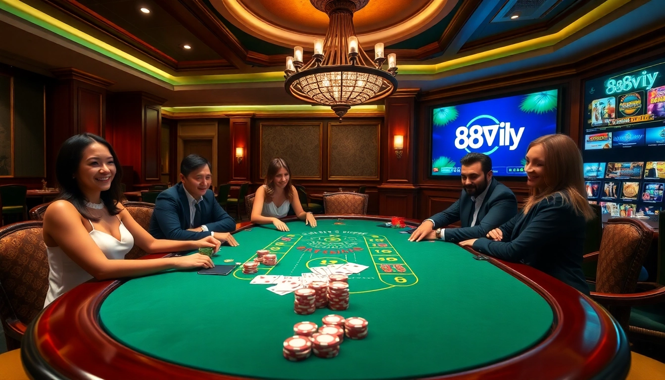 Players enjoy a vibrant blackjack game at 68VIP casino, surrounded by luxurious decor and excitement.
