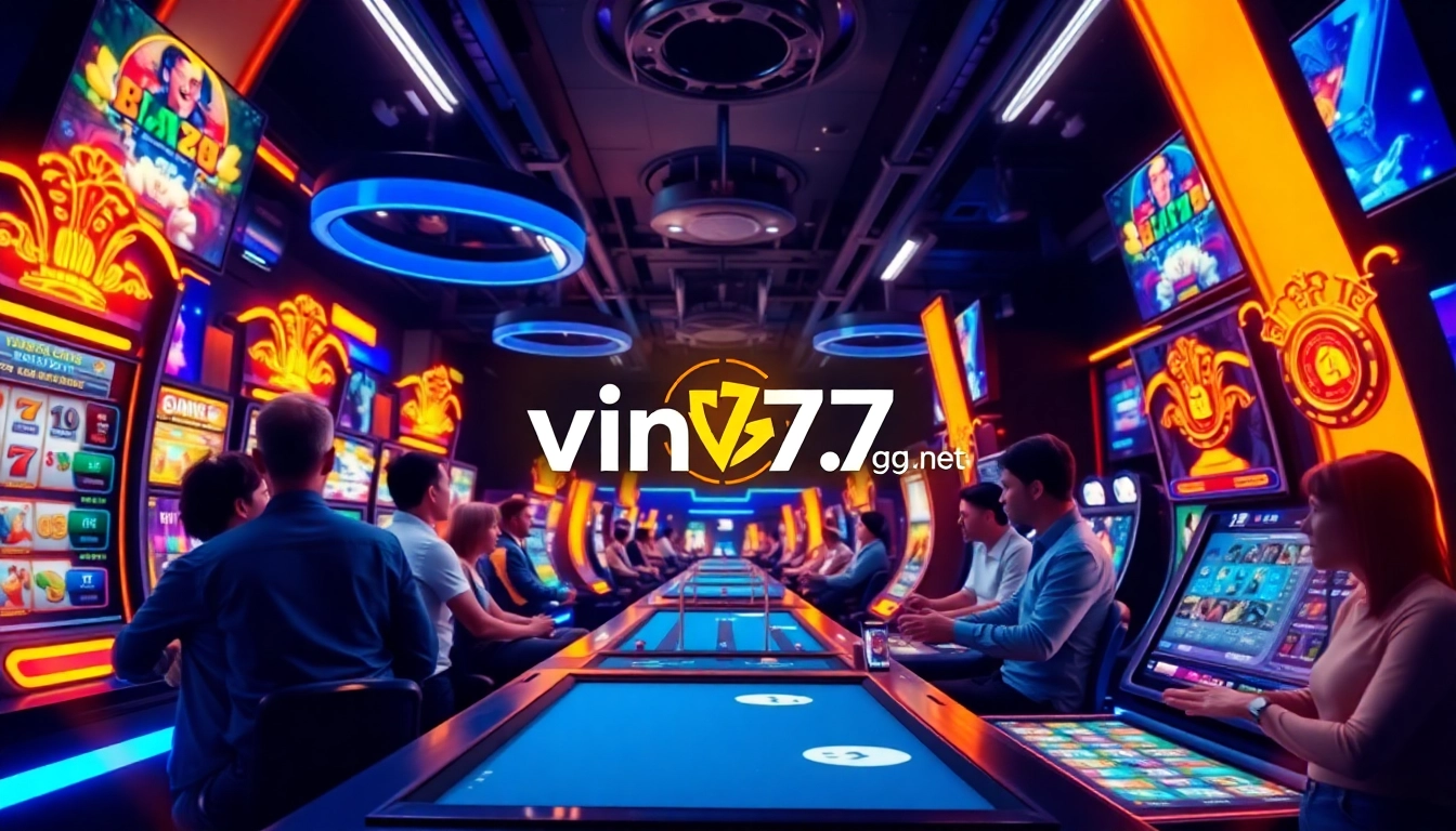 Immersive online gaming experience at vin777.gb.net featuring players enjoying slots and poker in a vibrant casino.