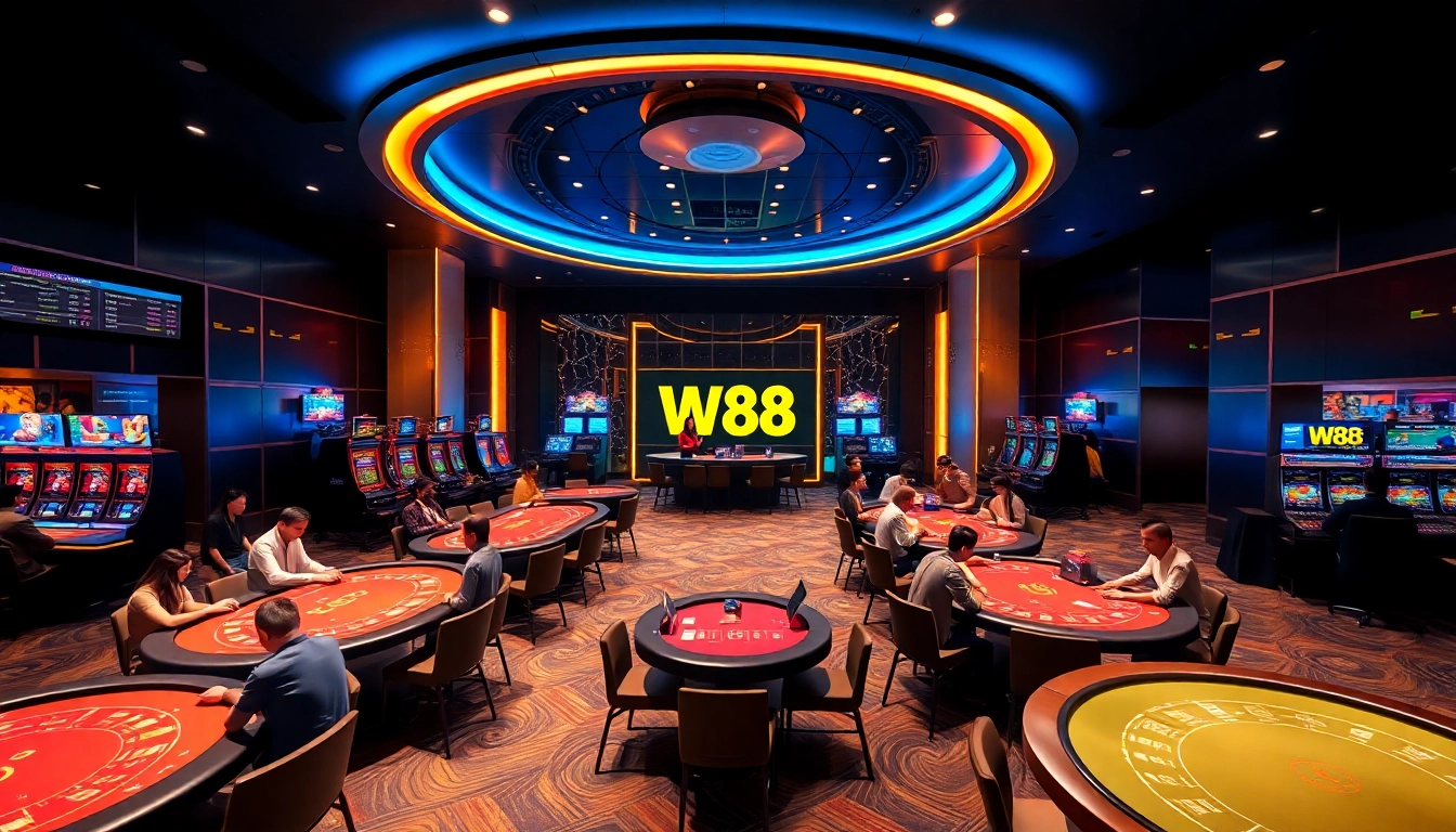 Experience the thrilling online casino atmosphere at W88.nyc with dynamic gaming scenes and vibrant lighting.