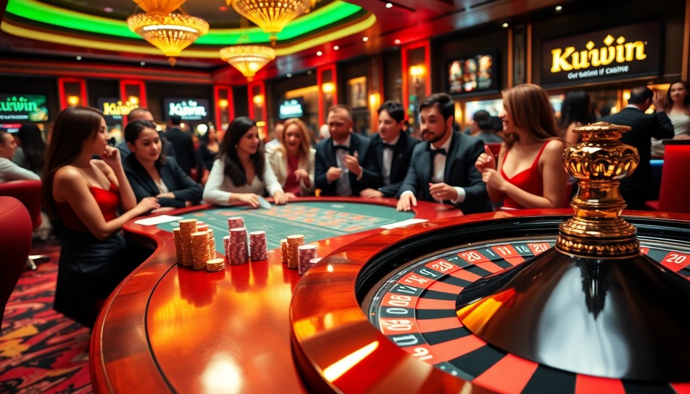 Kuwin players enjoying high-stakes poker at a luxury casino table with vibrant chips and cards.