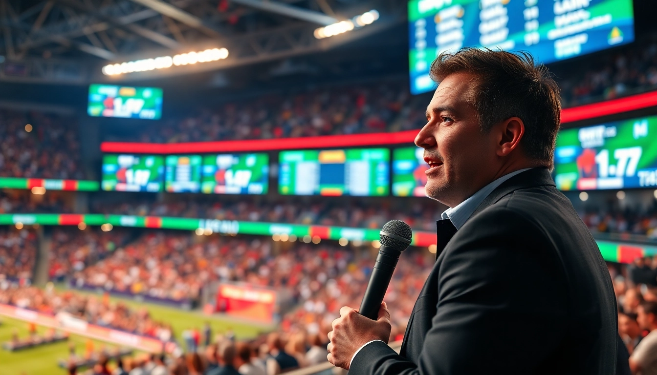 Engaging visual of Sports Broadcasting in action with an enthusiastic host and lively stadium.