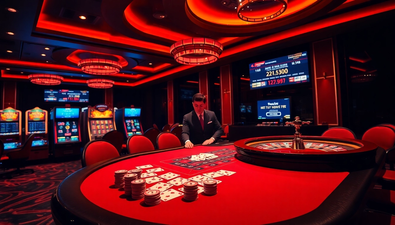 High-stakes action at nhà cái jbo with illuminated tables and vibrant slot machines.