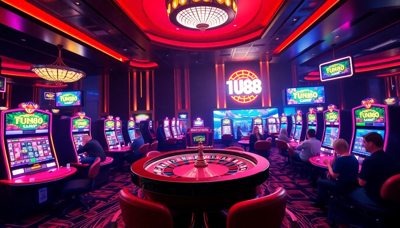 Players enjoying thrilling games at a high-end casino, featuring fun88 link prominently displayed on slot machines.