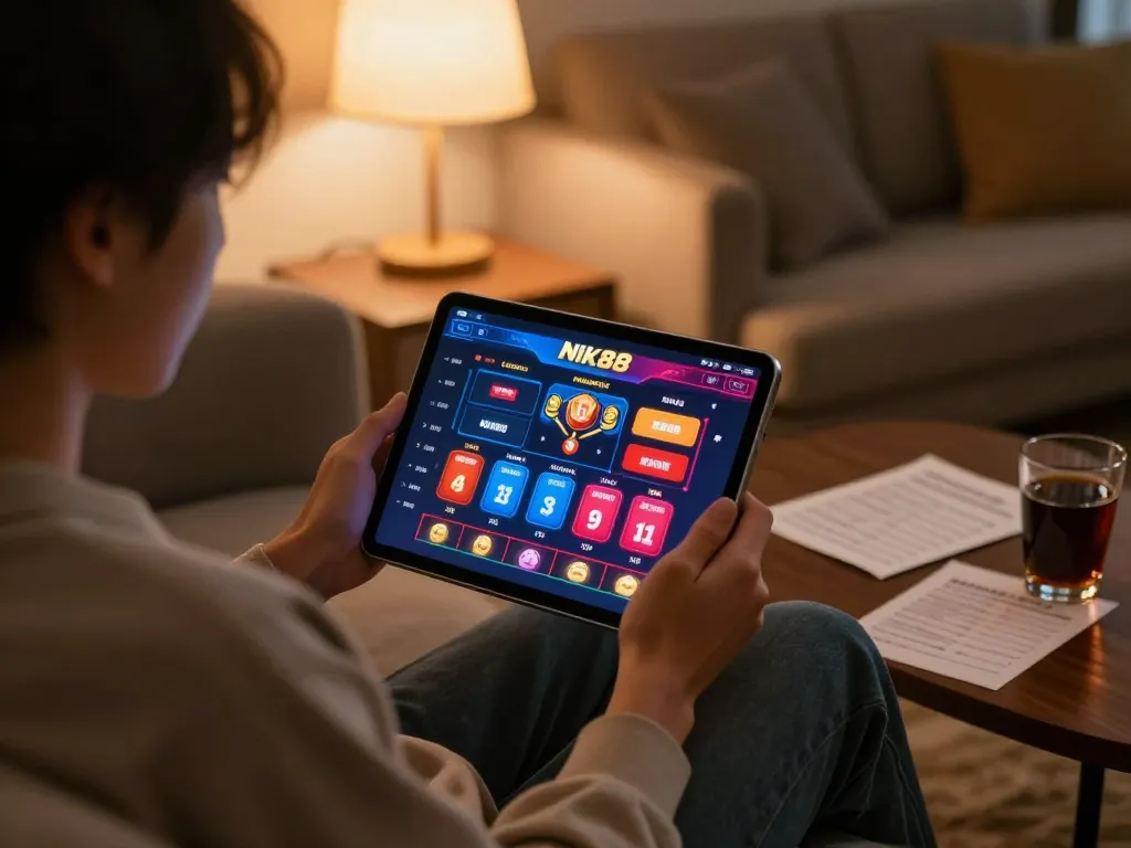 Engaging online session at Nk88 nhà cái, showcasing a player's focus on tablet gaming.