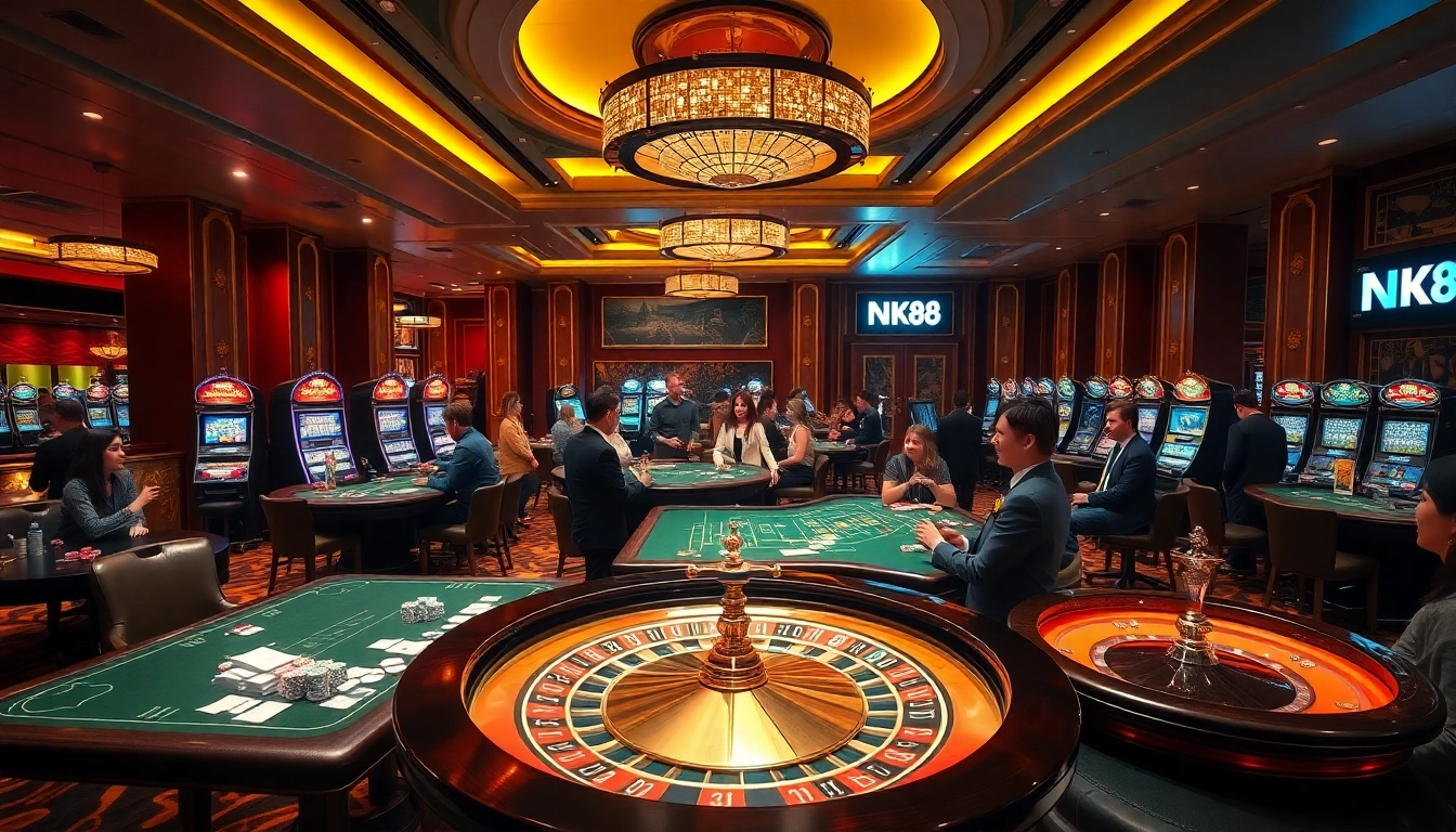 Excited players engaging in various games at NK88's vibrant casino floor, showcasing lively gambling action.