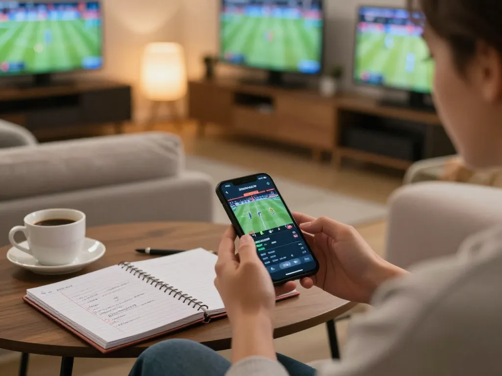 Engaged in mobile sports betting with nhà cái uy tín Sunwin, user analyzing odds on smartphone in cozy setup.