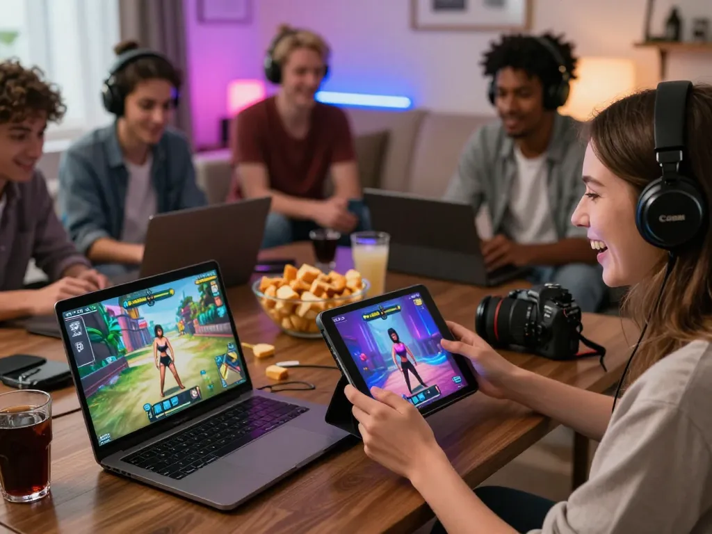 Engaged players enjoying sex games online, immersive 3D graphics, cozy gaming setup.