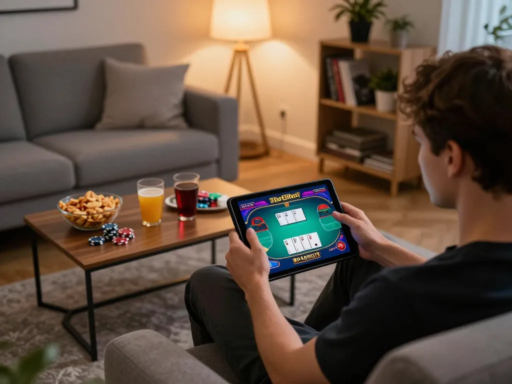 Engaging poker game on Hbet tablet, cozy home atmosphere with snacks and a strategic book