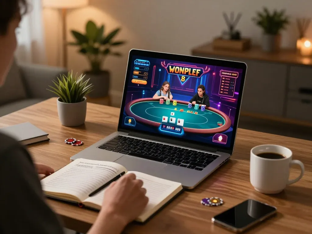 Engaging online poker gameplay at SHBET .COM with strategic notes beside laptop.
