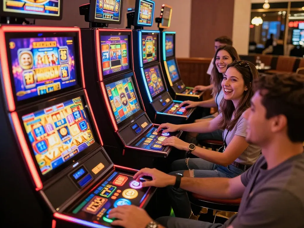 Play slots with link free credit on Mantap88 in an engaging casino environment with vibrant lights.