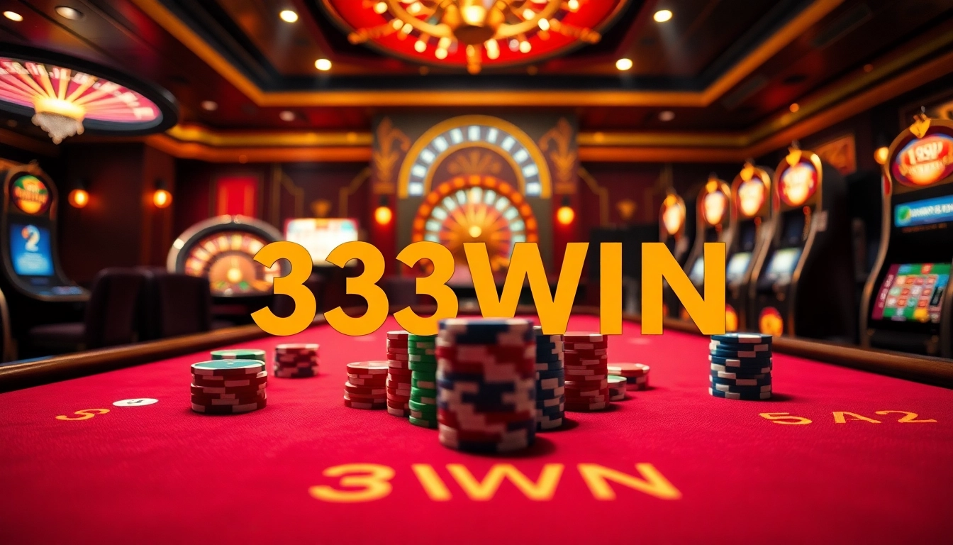 Exciting 33WIN casino scene with vibrant gaming tables, cards, and roulette wheel.