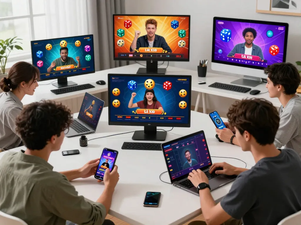 Exciting tài xỉu online gaming scene with players using various devices, celebrating wins and sharing strategies in a vibrant digital atmosphere.