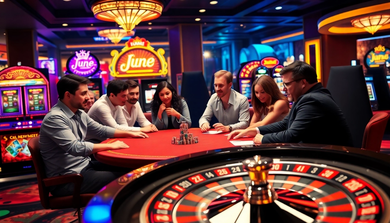 Players betting at a lively Jun888 poker table in a luxurious casino atmosphere.