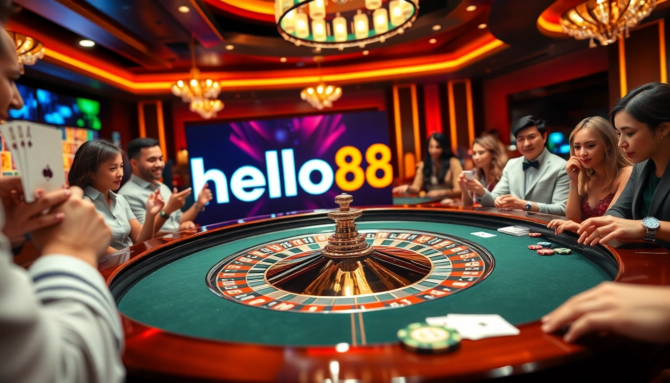 Hello88 casino players engaging with a vibrant roulette table and colorful chips.